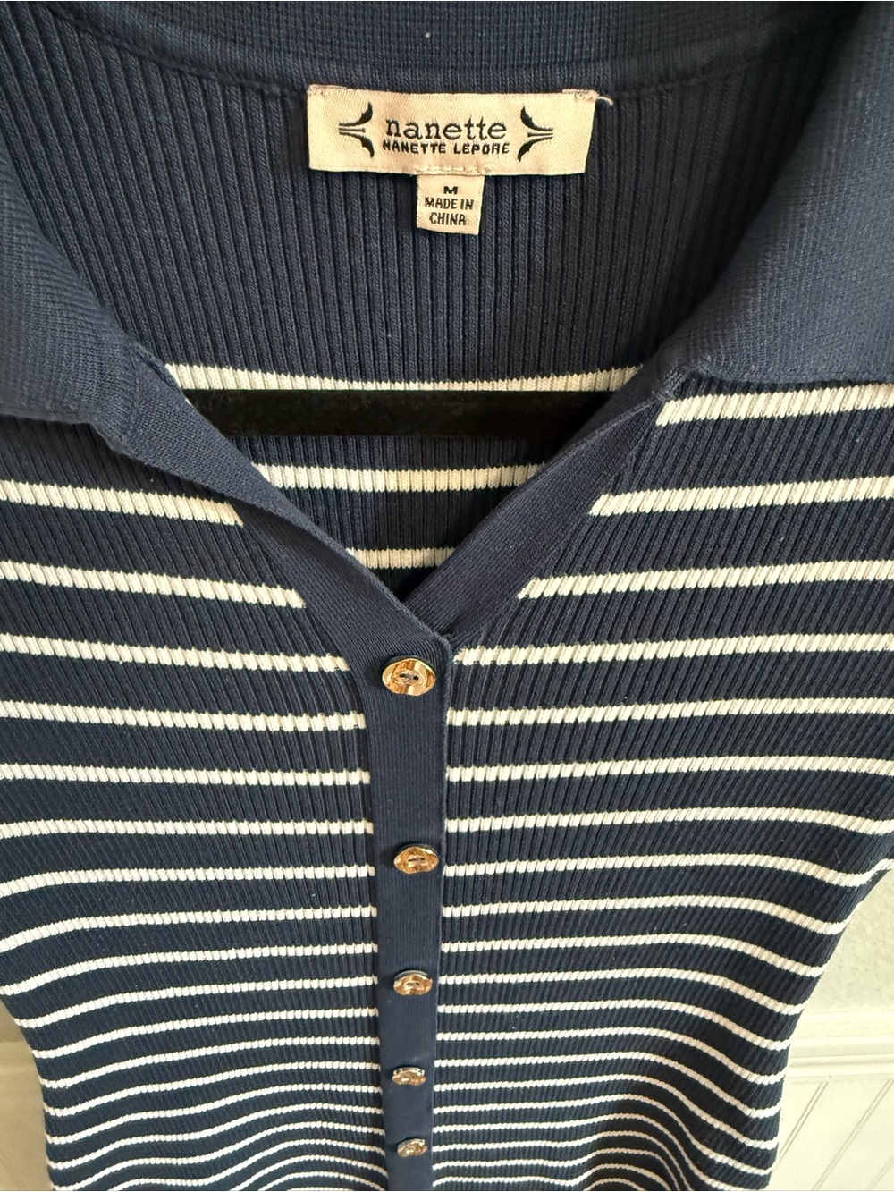 Nanette Lepore Striped Ribbed Knit Polo Midi Dress Navy White Size M - Mint - Picture 2 of 3